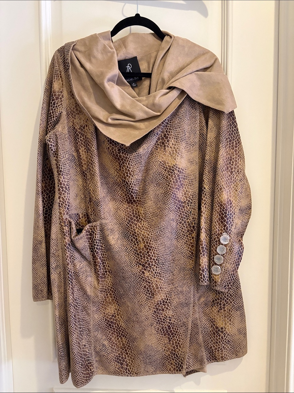 Rachel Zoe Taupe Snake-Print Draped Collar Coat